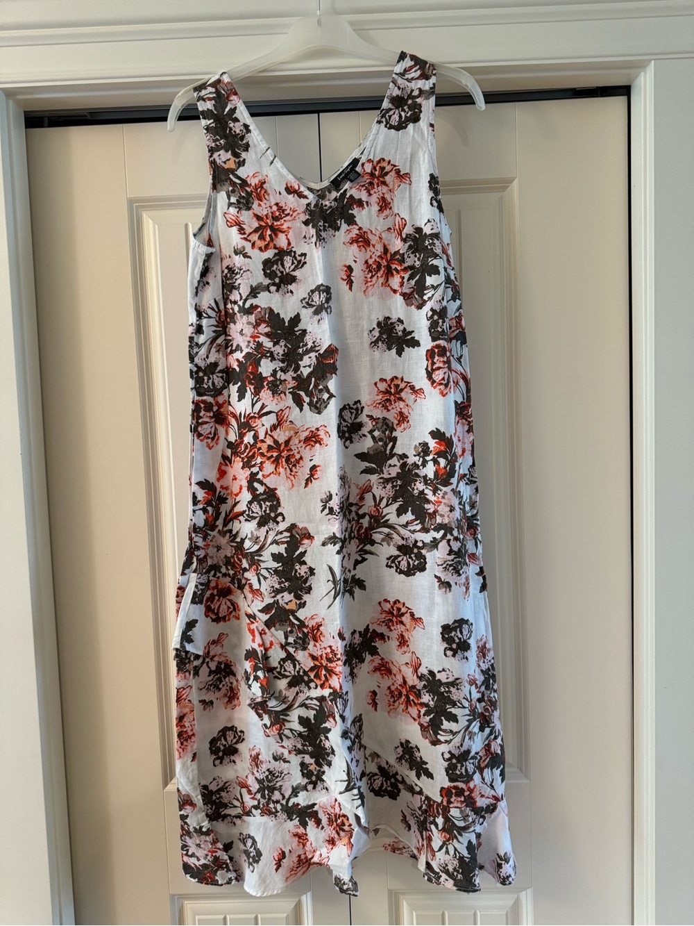 100%Linen❤️Floral V-Neck Sleeveless Dress in White with flowers PTP18 1/2 L46